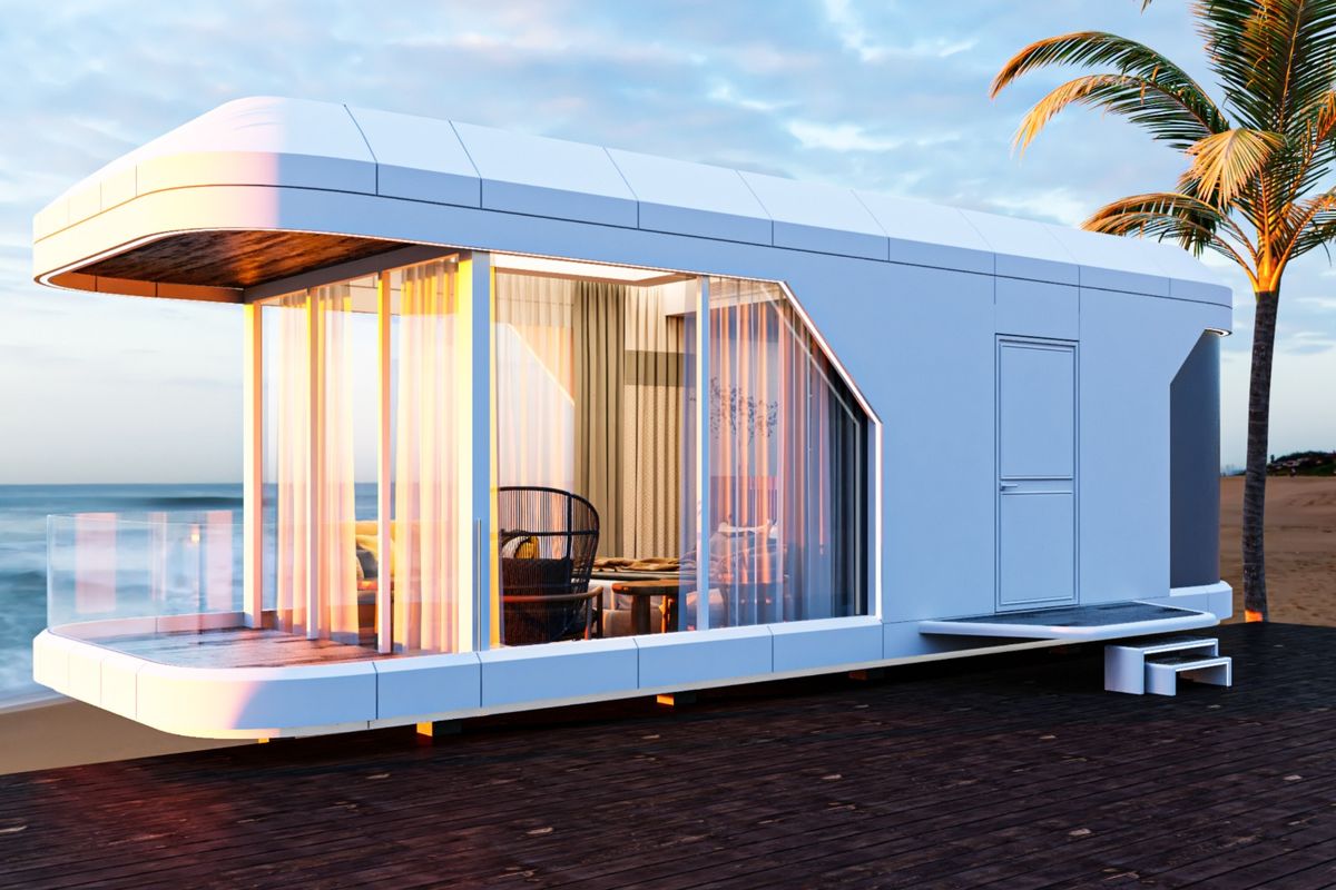 Capsule cabin on a coastal deck at dusk