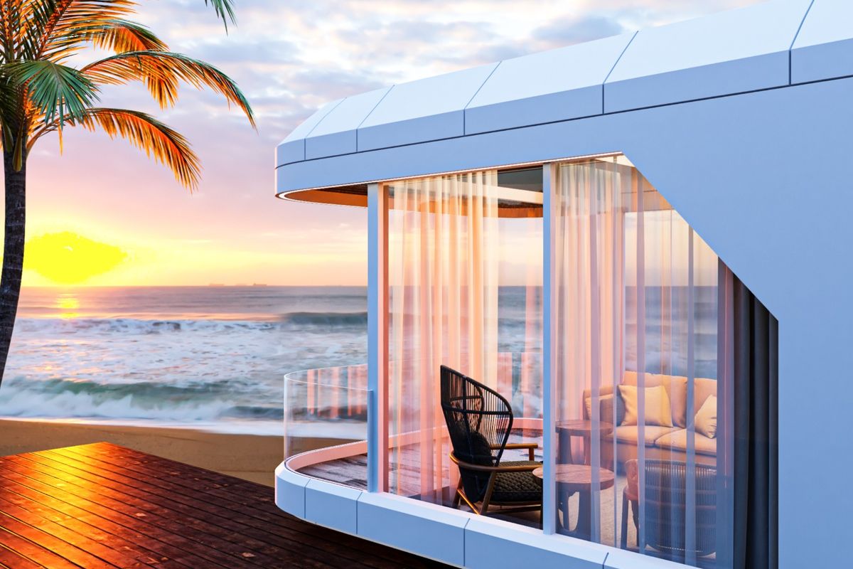 Curved glass terrace at sunset